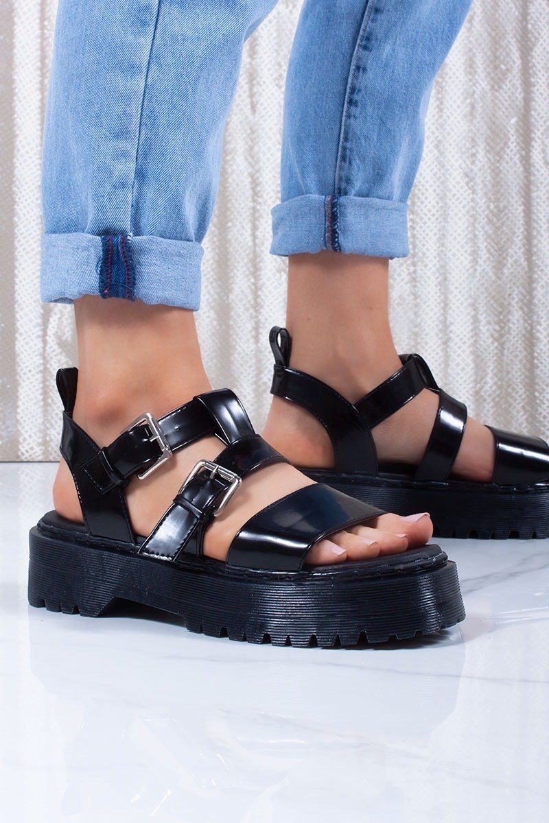 Bella Black High Shine Multi Buckle Strap Chunky Flatform Sandals