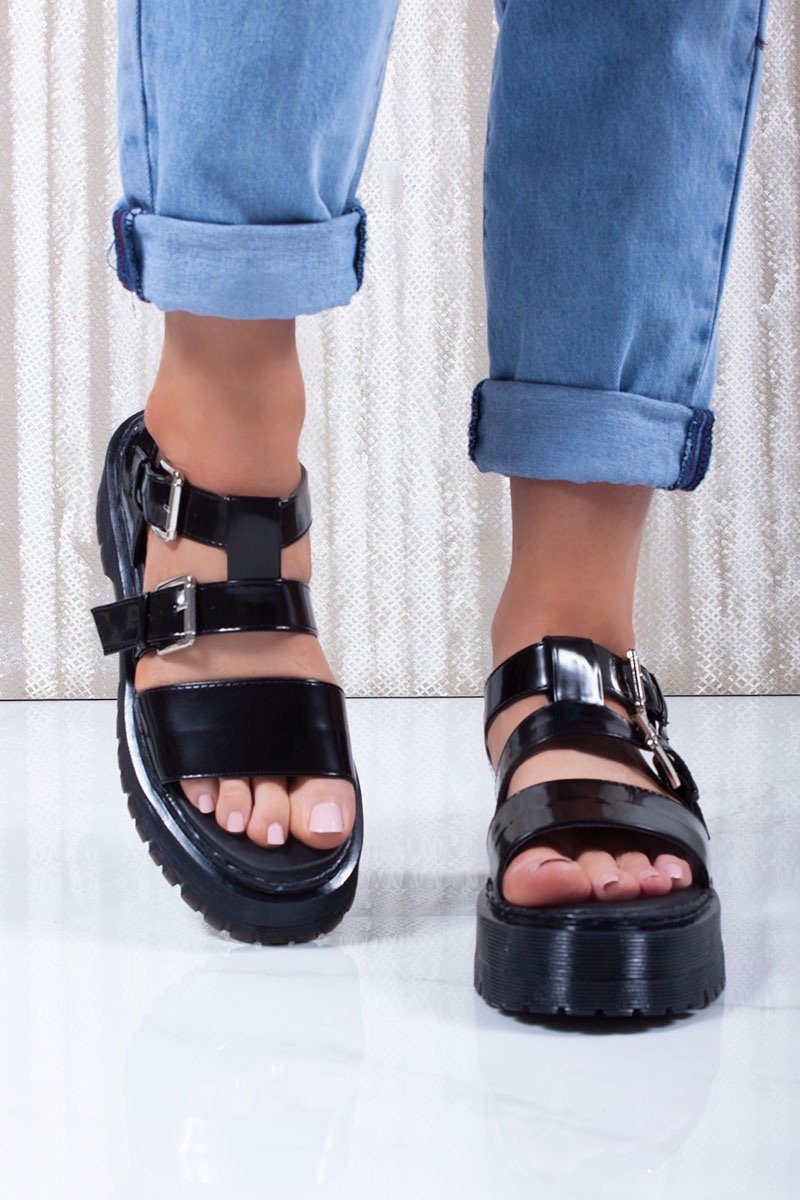 Bella Black High Shine Multi Buckle Strap Chunky Flatform Sandals