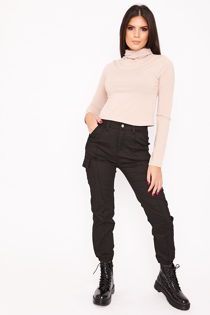 Billie Black Pocket Detail Cuffed Cargo Trousers