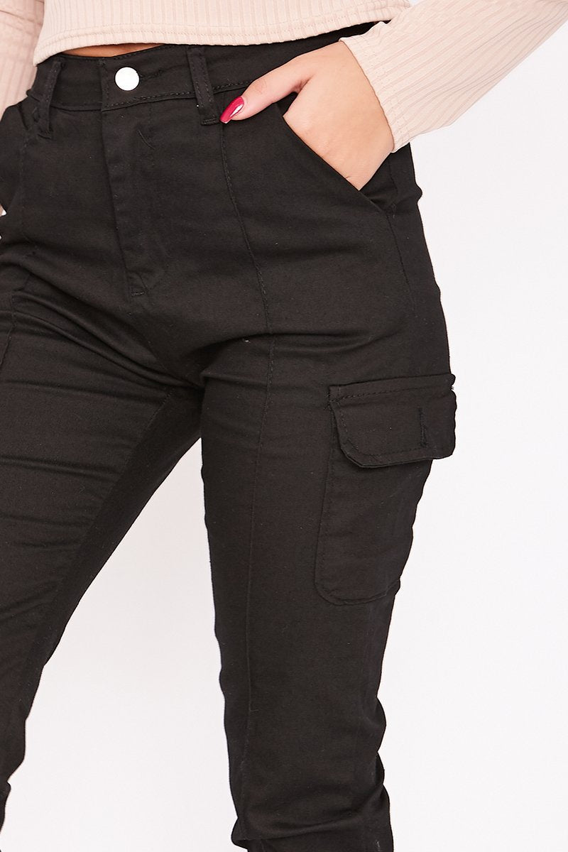 Billie Black Pocket Detail Cuffed Cargo Trousers