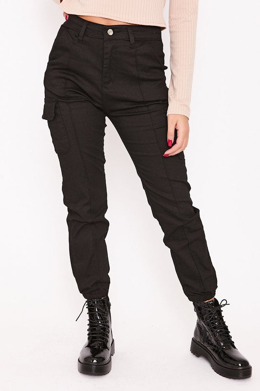 Billie Black Pocket Detail Cuffed Cargo Trousers