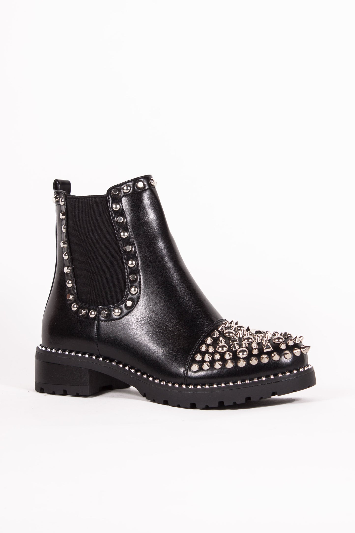 Black Pu Ankle Boots With Silver Spike Stud Details - Thea