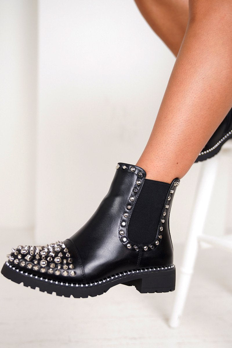 Black Pu Ankle Boots With Silver Spike Stud Details - Thea