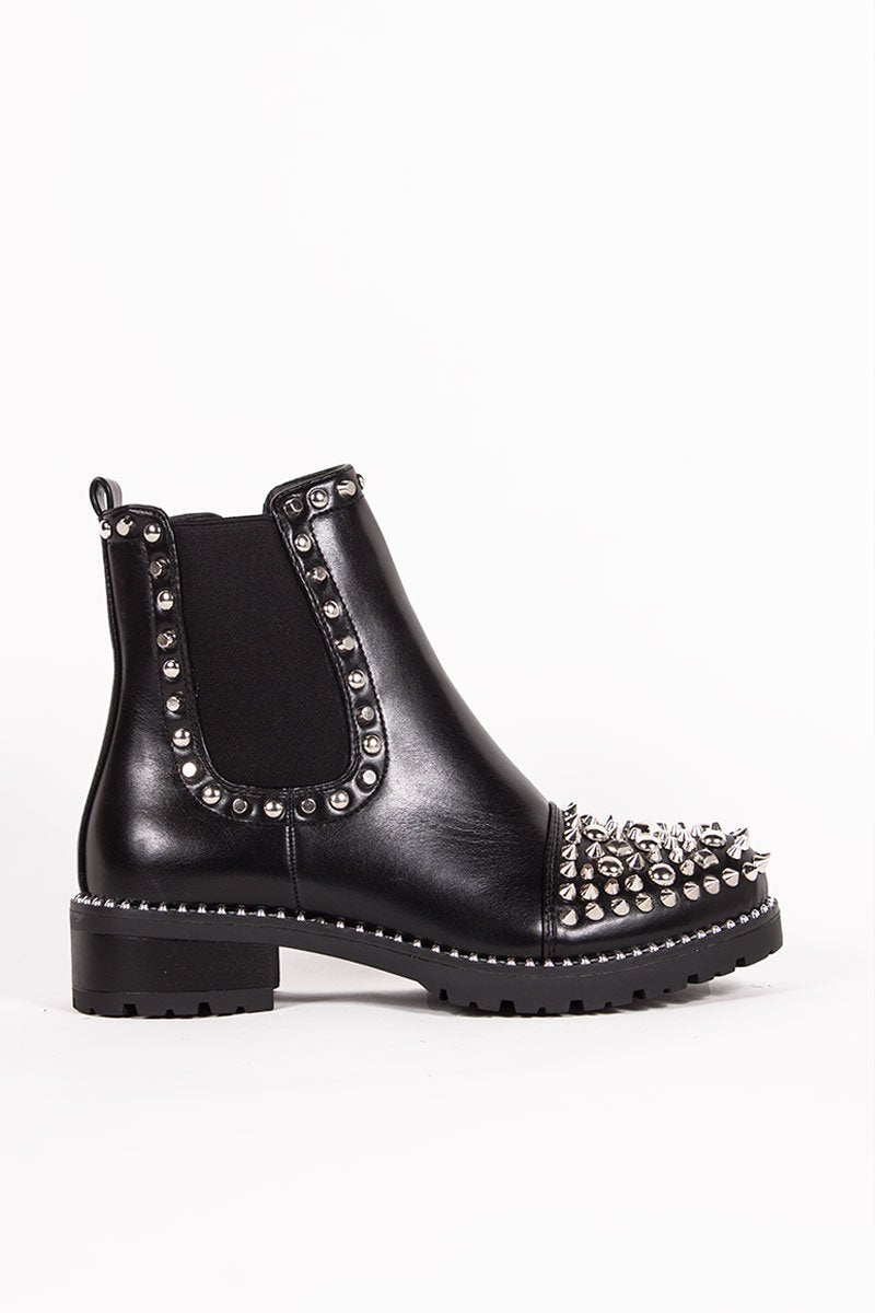 Black Pu Ankle Boots With Silver Spike Stud Details - Thea