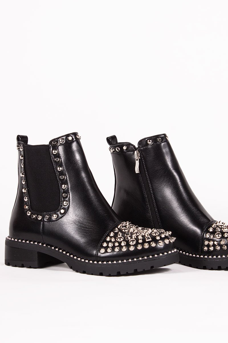 Black Pu Ankle Boots With Silver Spike Stud Details - Thea