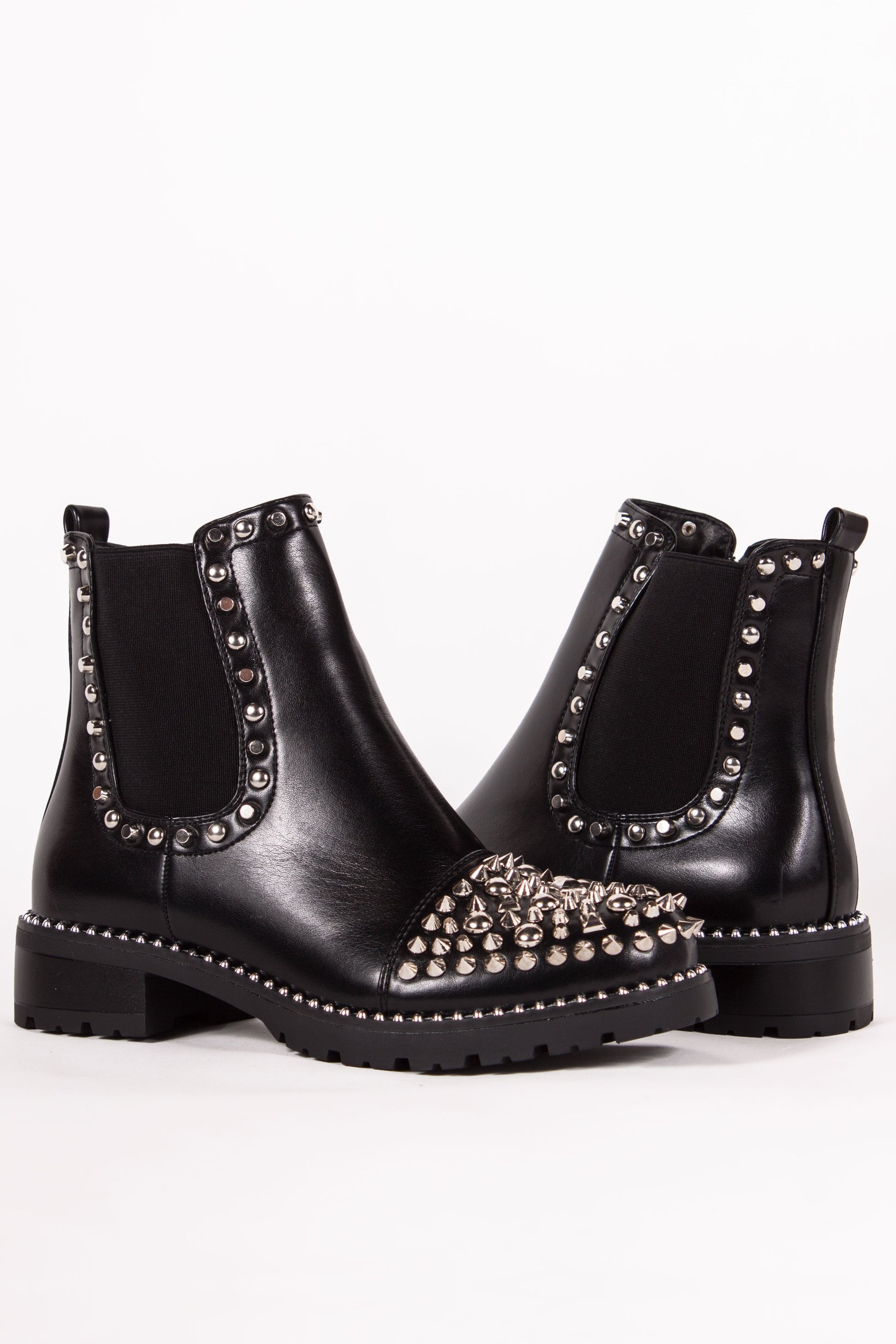 Black Pu Ankle Boots With Silver Spike Stud Details - Thea