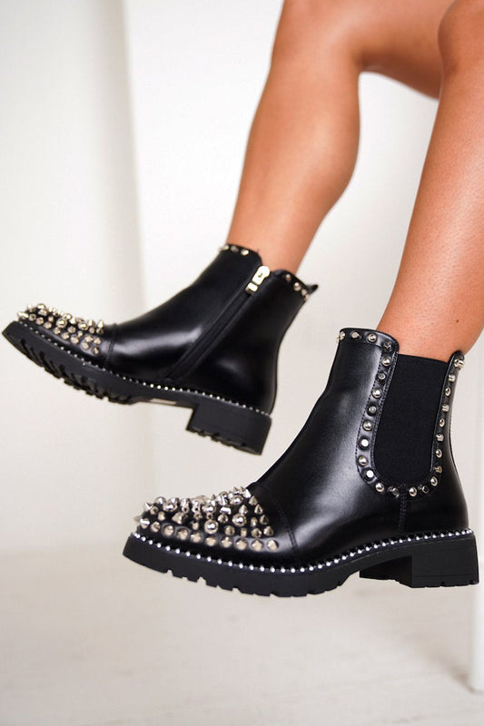 Black Pu Ankle Boots With Silver Spike Stud Details - Thea