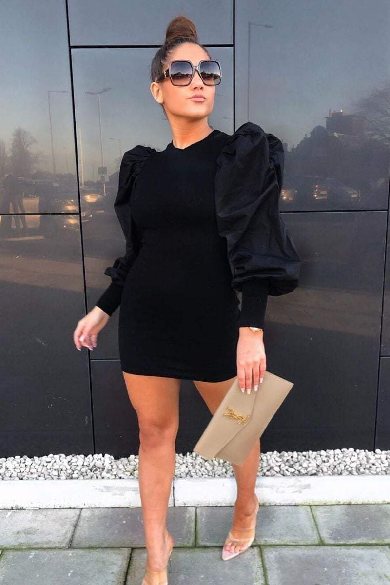 Black Ribbed Puff Sleeve Bodycon Dress - Blakely