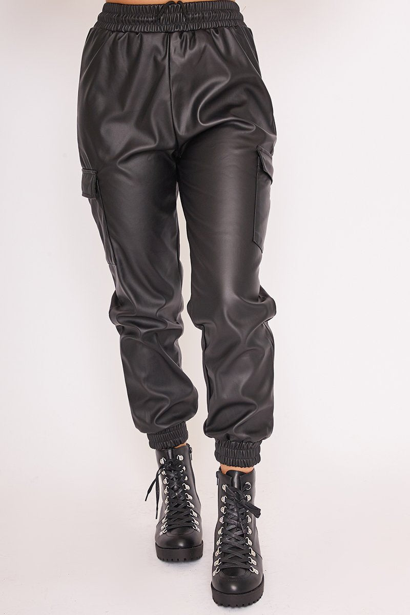 Blair Black Faux Leather Cuffed Cargo Joggers