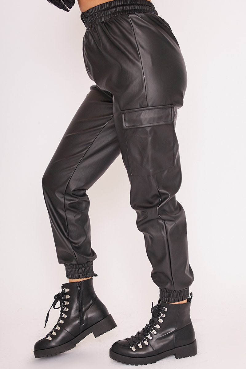 Blair Black Faux Leather Cuffed Cargo Joggers