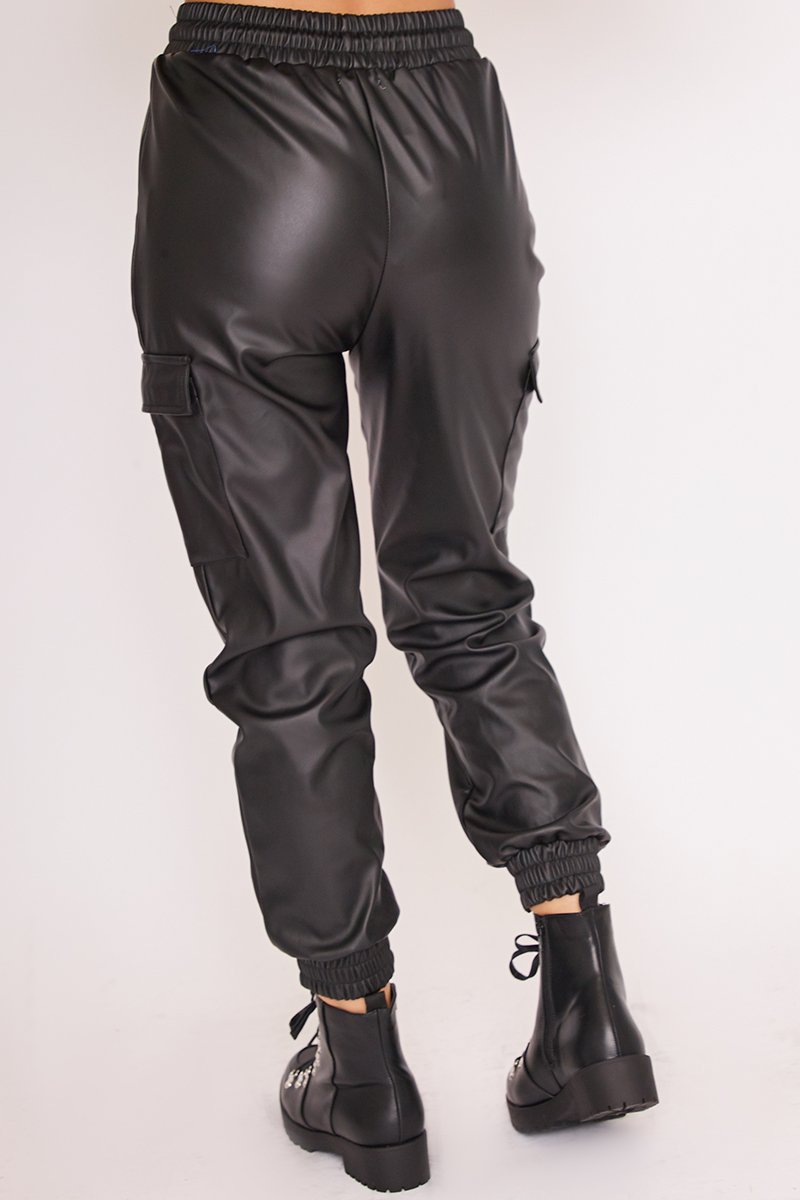 Blair Black Faux Leather Cuffed Cargo Joggers