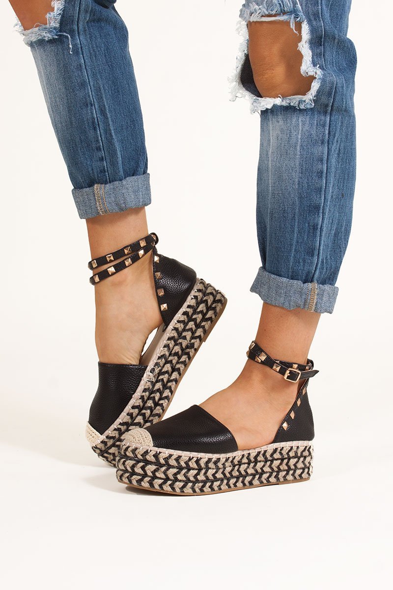 Bonita Black Espadrille Flatforms With Stud Detail