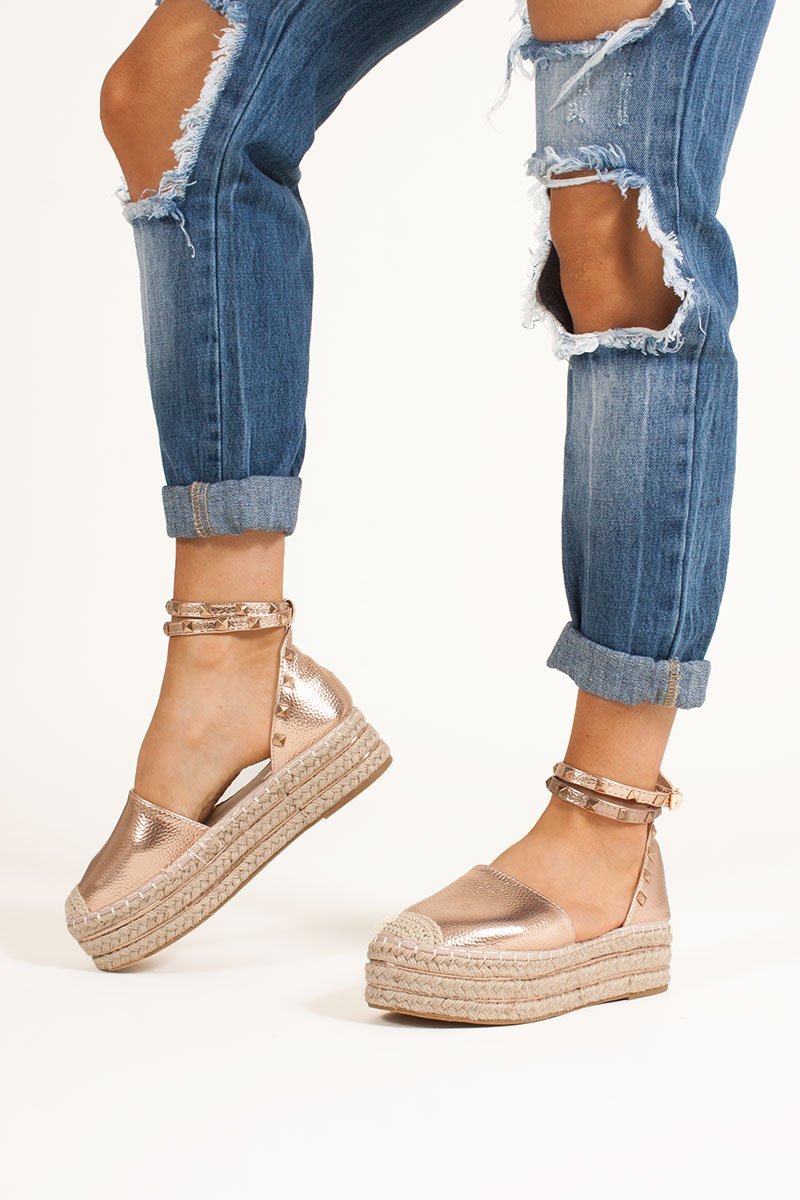 Bonita Rose Gold Espadrille Flatforms With Stud Detail