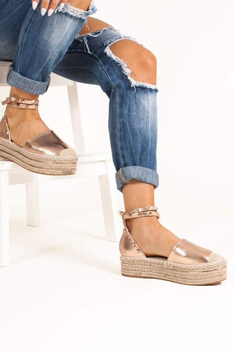 Bonita Rose Gold Espadrille Flatforms With Stud Detail