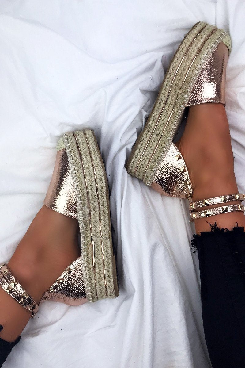 Bonita Rose Gold Espadrille Flatforms With Stud Detail