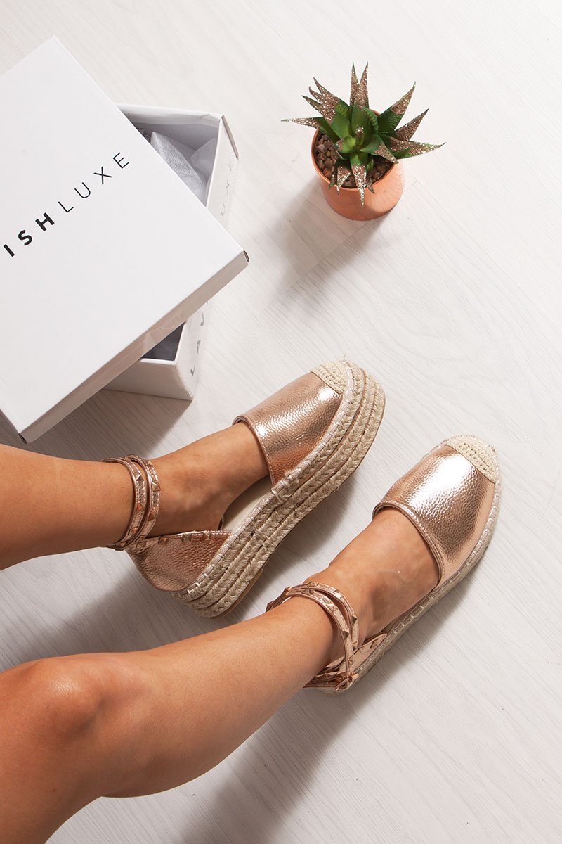 Bonita Rose Gold Espadrille Flatforms With Stud Detail