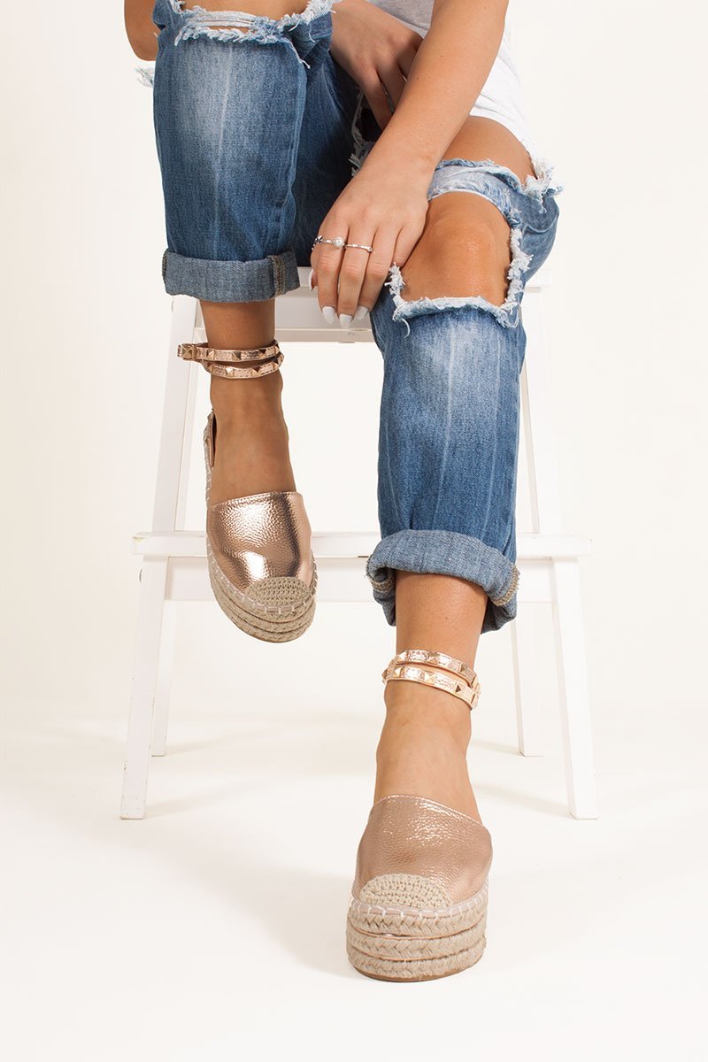 Bonita Rose Gold Espadrille Flatforms With Stud Detail