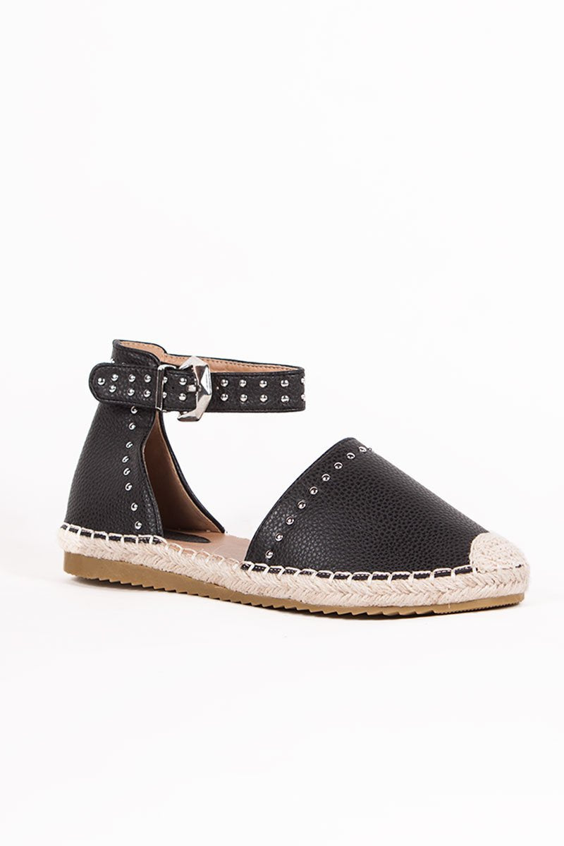 Brandy Black Stud Espadrilles With Silver Strap Detail