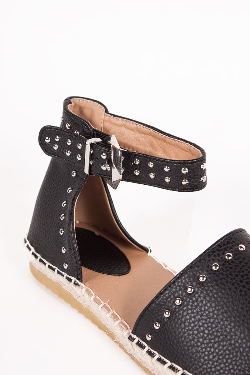 Brandy Black Stud Espadrilles With Silver Strap Detail