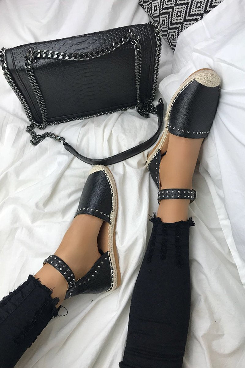 Brandy Black Stud Espadrilles With Silver Strap Detail