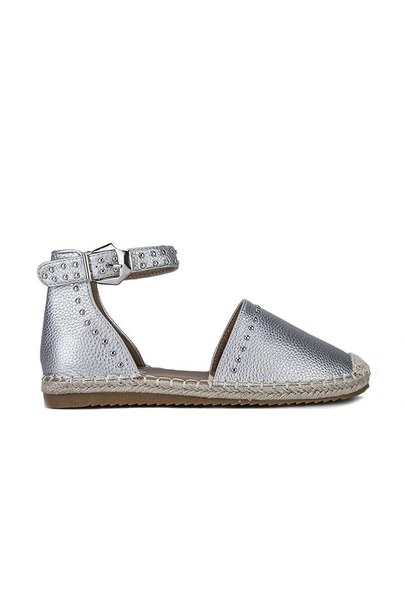 Brandy Silver Stud Espadrilles With Silver Strap Detail