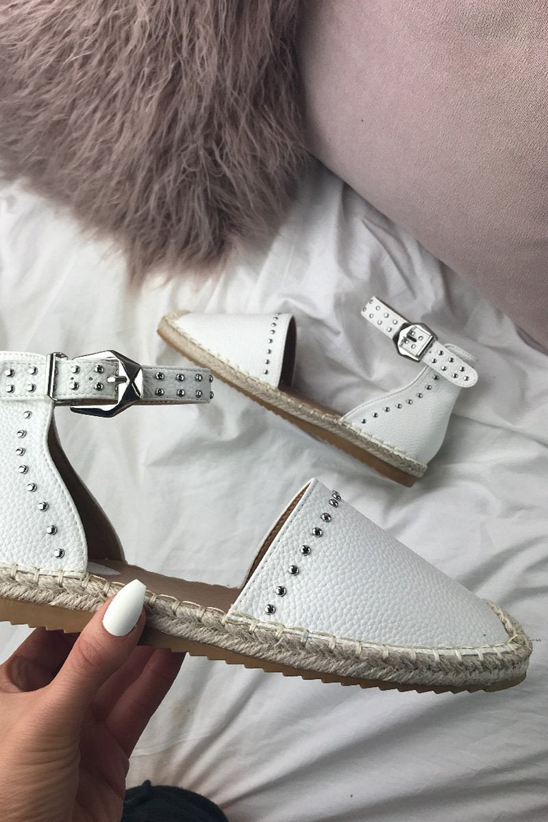 Brandy White Stud Espadrilles With Silver Strap Detail