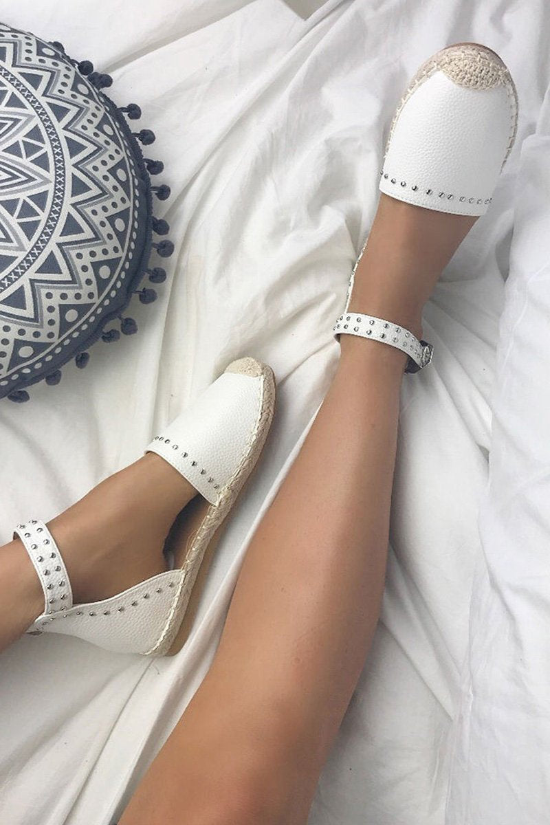 Brandy White Stud Espadrilles With Silver Strap Detail