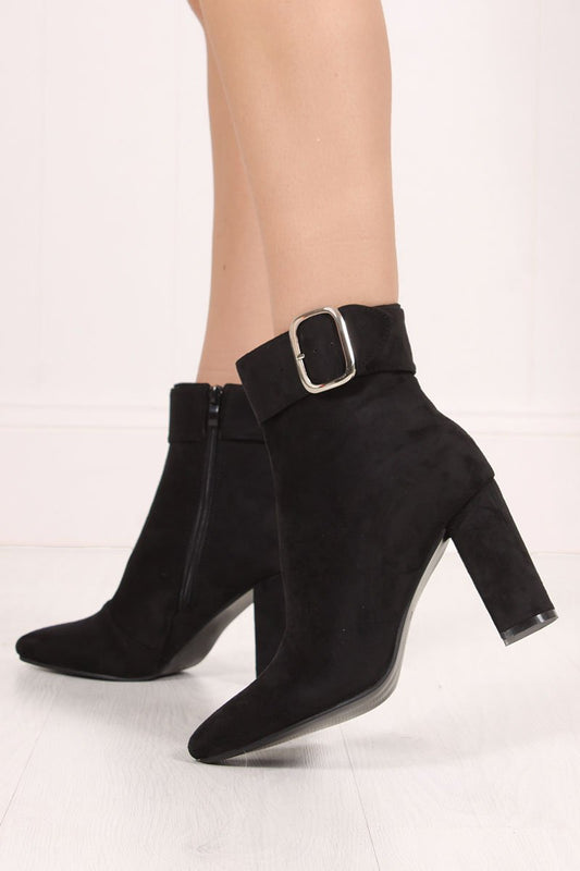 Brea Faux Suede Silver Buckle Block Heel Boots