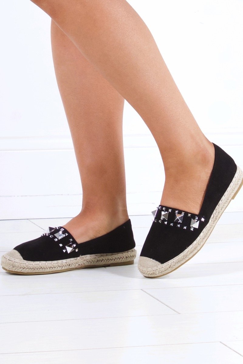 Brianna Black Stud Espadrilles With Silver Detail