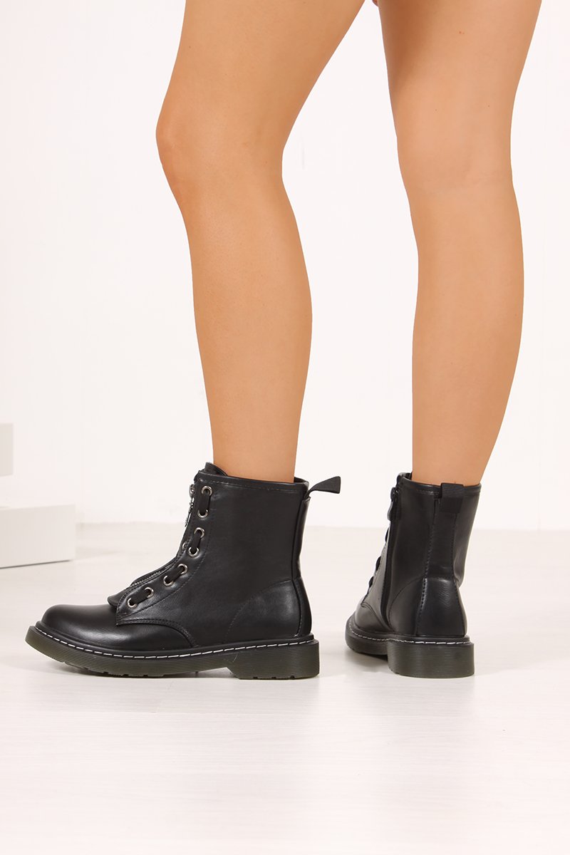 Brooklyn Black Matte Zip Front Lace Detail Ankle Boots