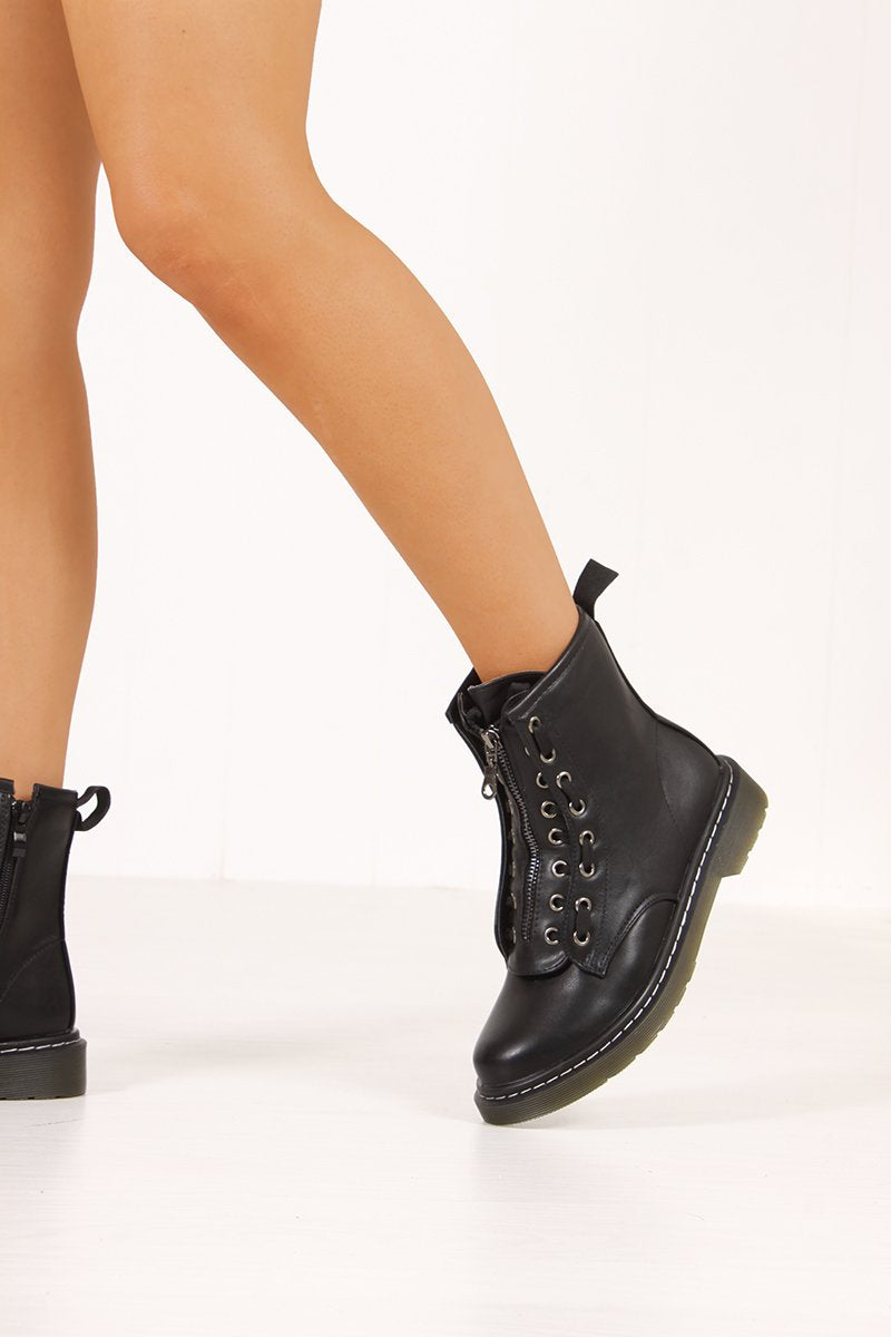 Brooklyn Black Matte Zip Front Lace Detail Ankle Boots