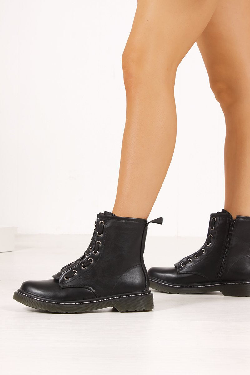 Brooklyn Black Matte Zip Front Lace Detail Ankle Boots