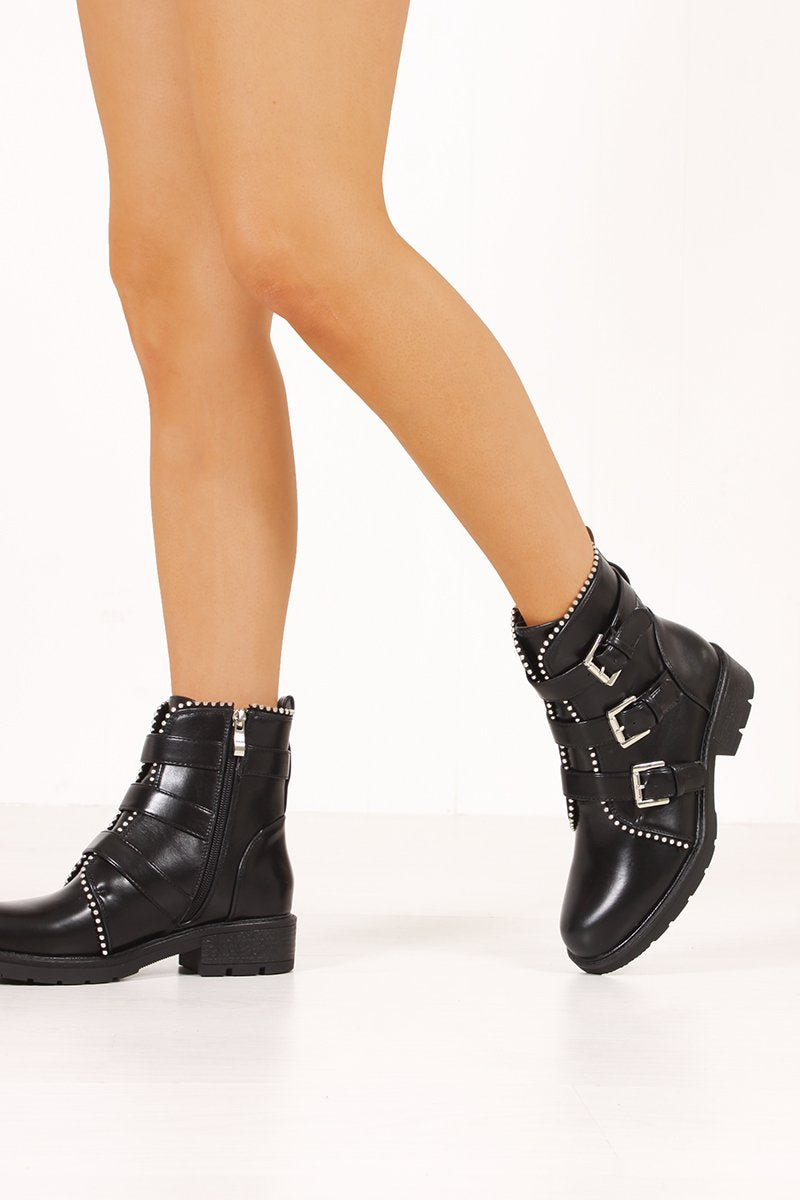 Callie Black Silver Trim Buckle Strap Boots