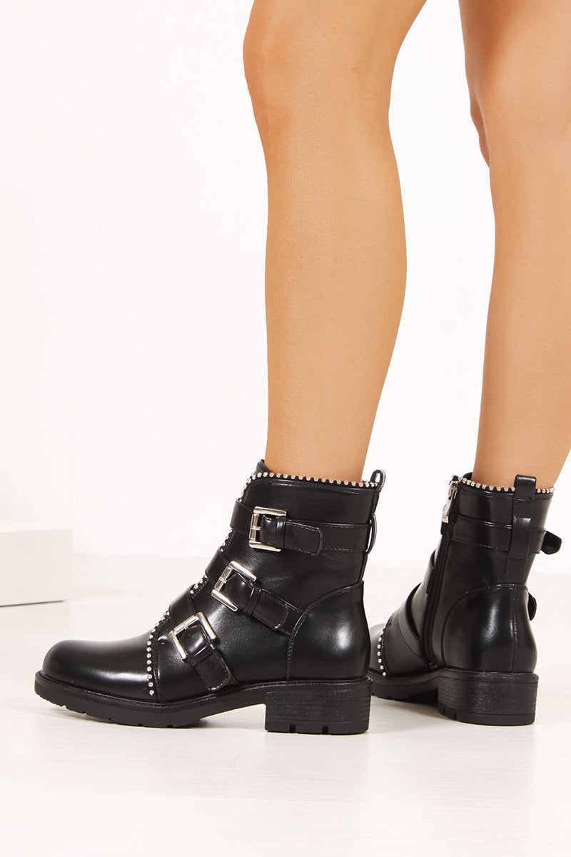 Callie Black Silver Trim Buckle Strap Boots