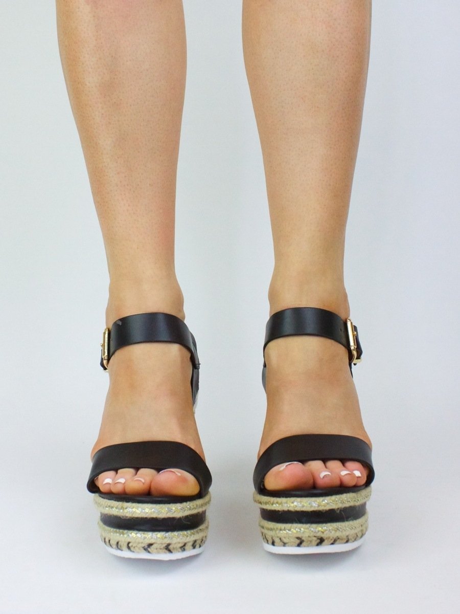 Cally Black Metallic Espadrille Wedge