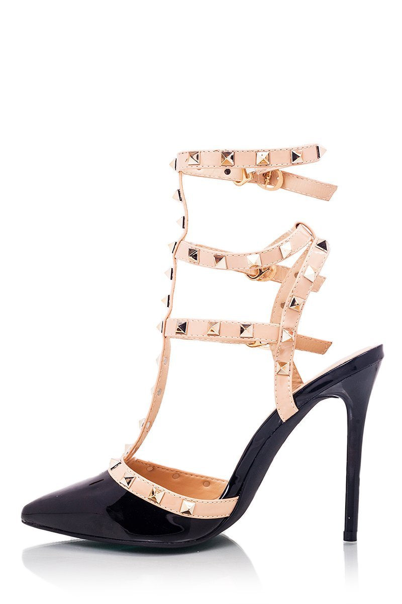 Camilla Black Pointed Stud Stiletto Heels With Gold Studs