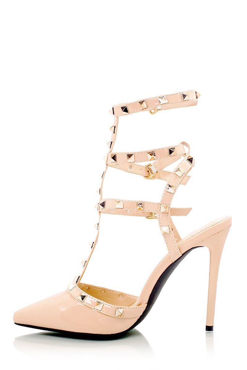 Camilla Nude Pointed Stud Stiletto Heels With Gold Studs