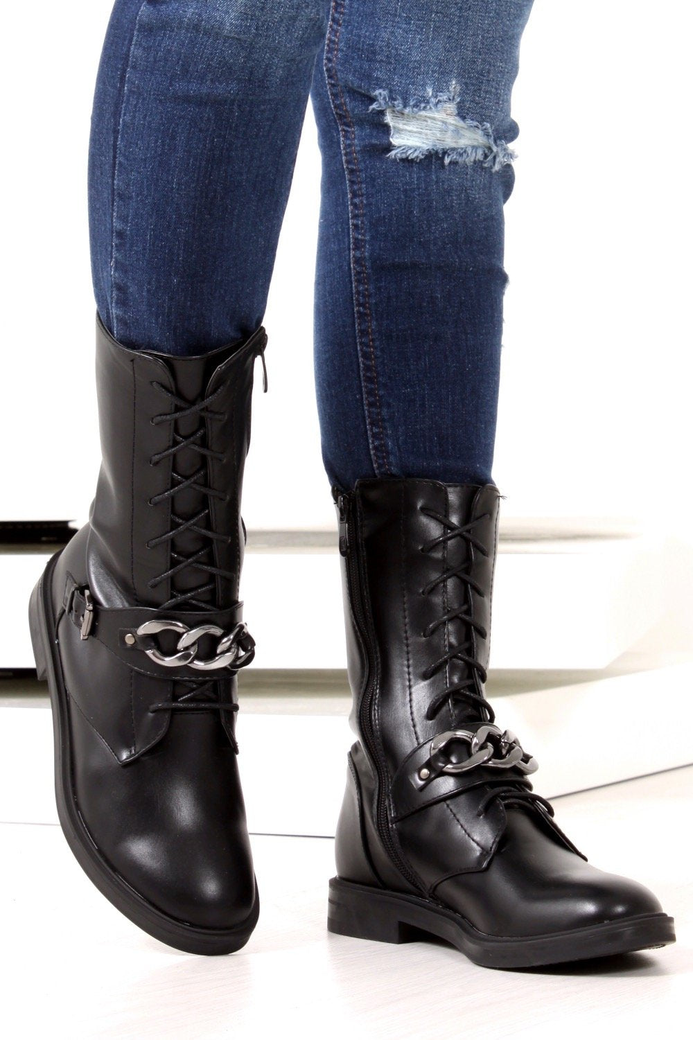 Camille Black Lace Up Chain Boots