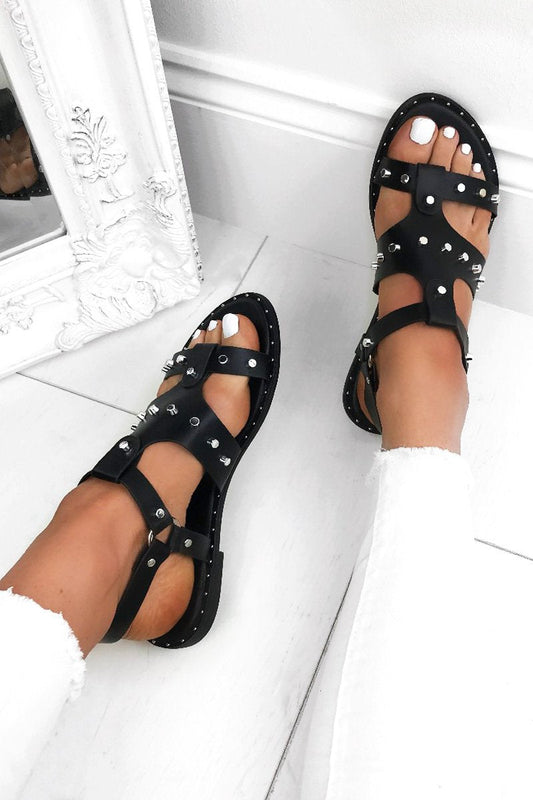 Caris Black Stud Sandals With Silver Detail