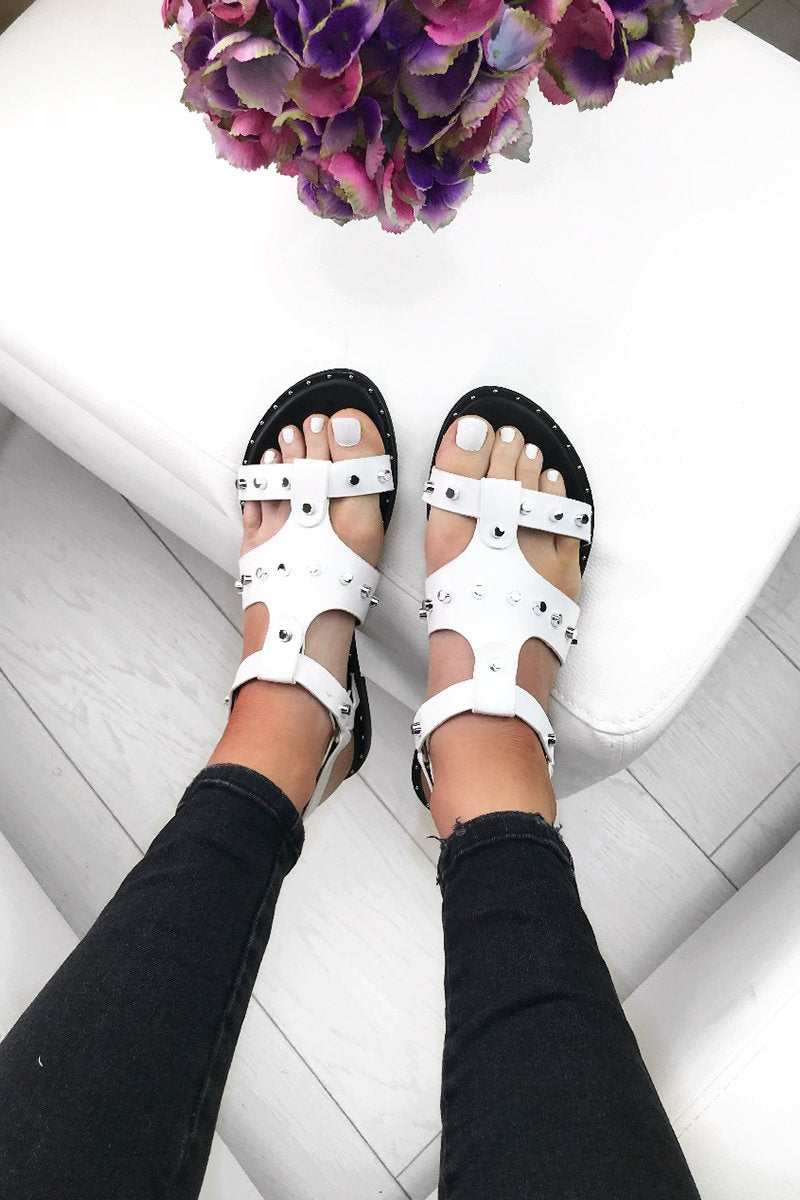 Caris White Stud Sandals With Silver Detail