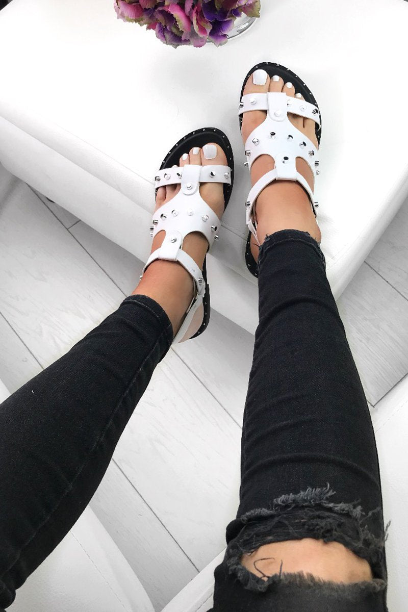 Caris White Stud Sandals With Silver Detail