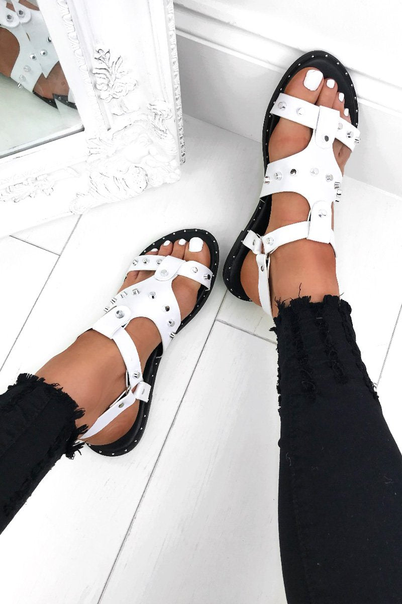 Caris White Stud Sandals With Silver Detail