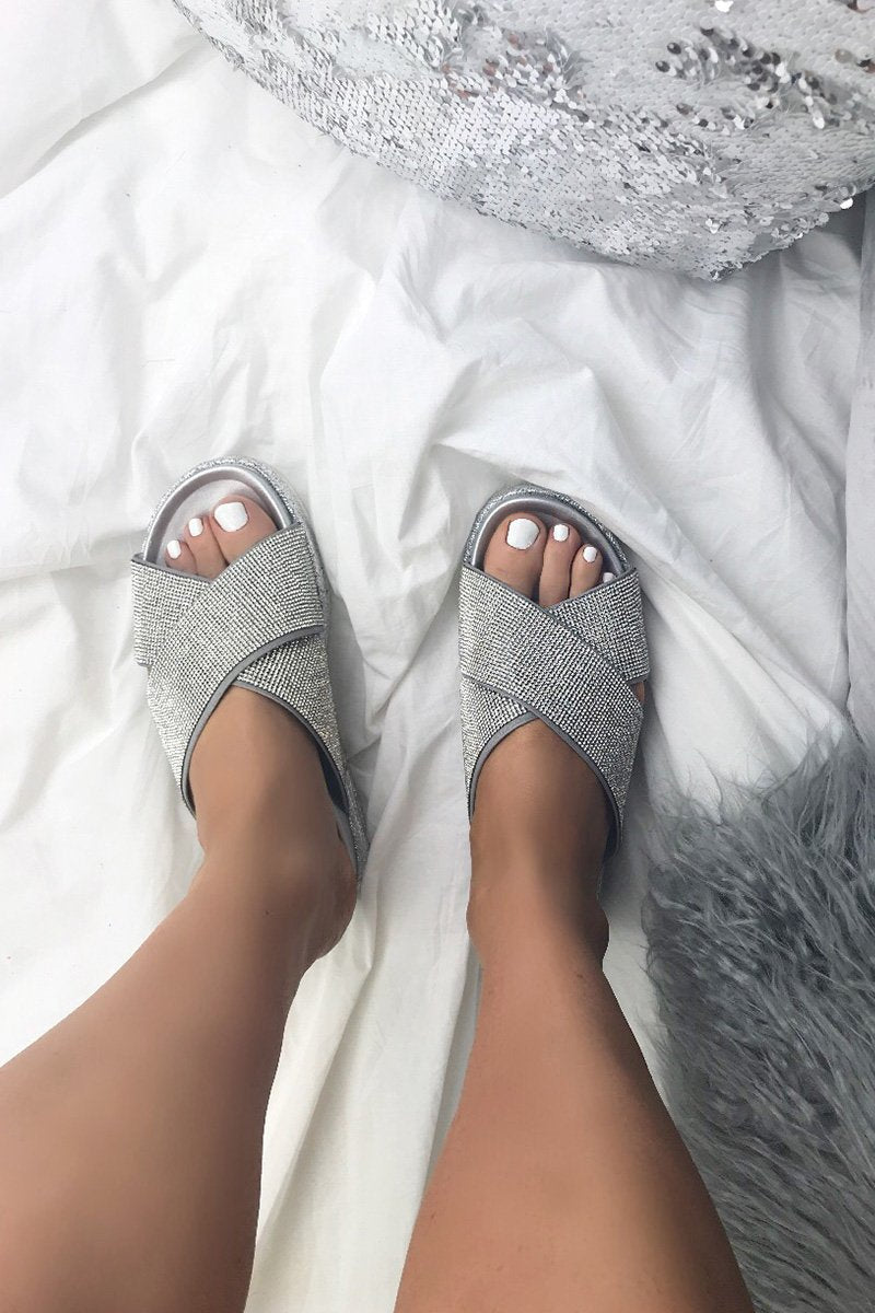 Carli Silver Diamante Flatform Sliders