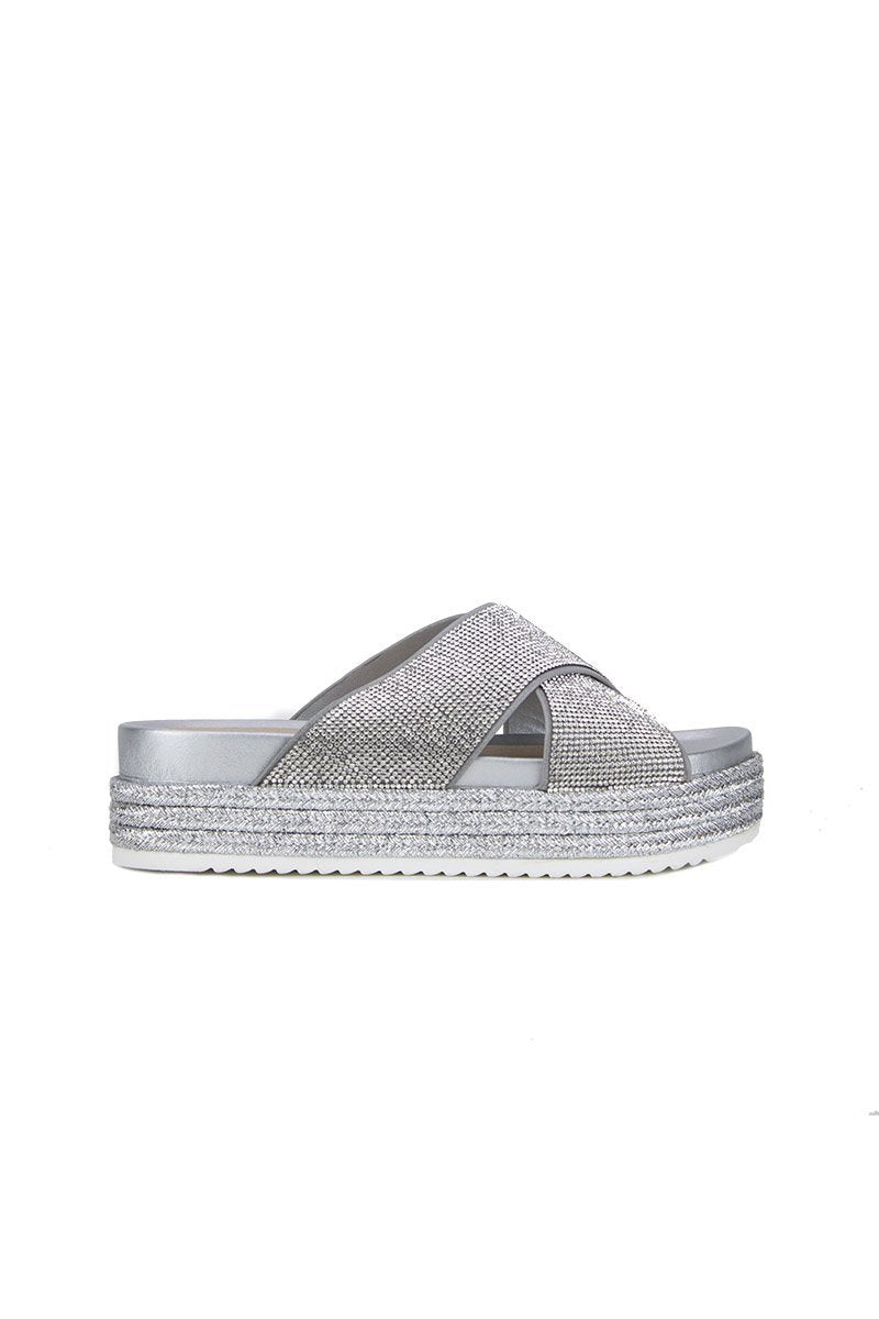 Carli Silver Diamante Flatform Sliders