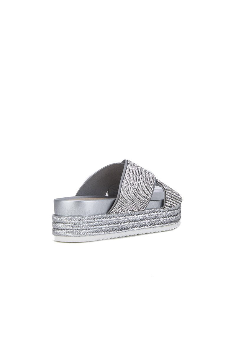 Carli Silver Diamante Flatform Sliders