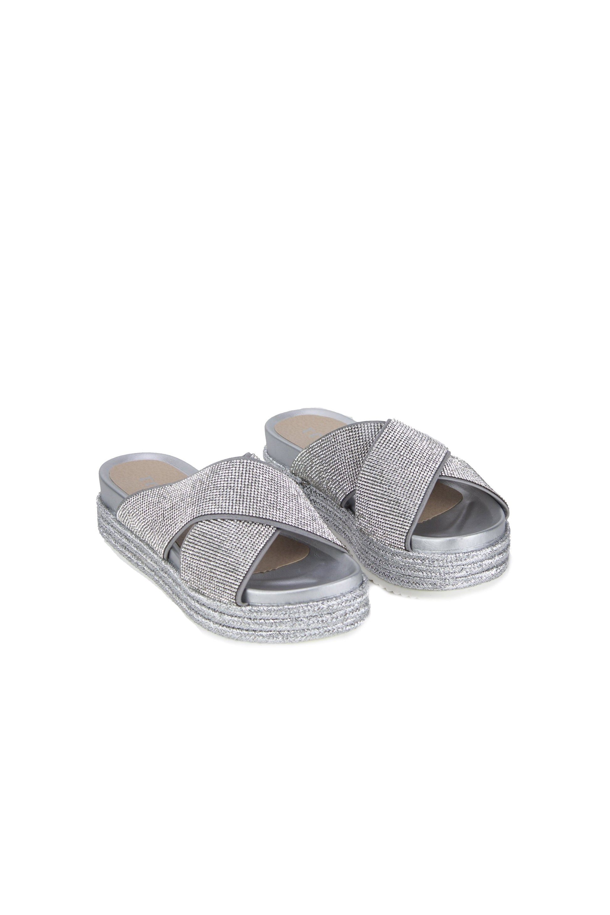 Carli Silver Diamante Flatform Sliders