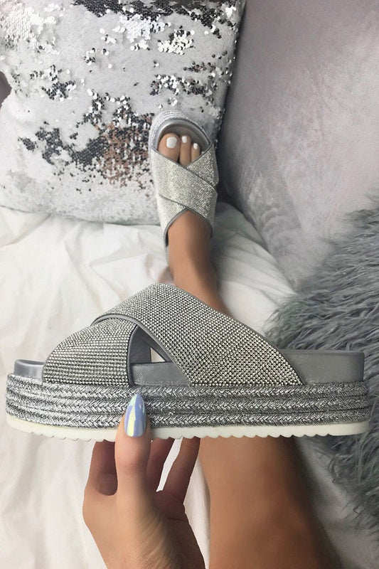 Carli Silver Diamante Flatform Sliders