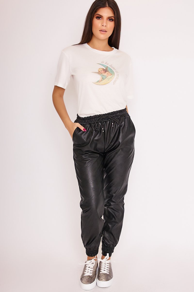 Carmen Black Faux Leather Cuffed Joggers Femme Luxe