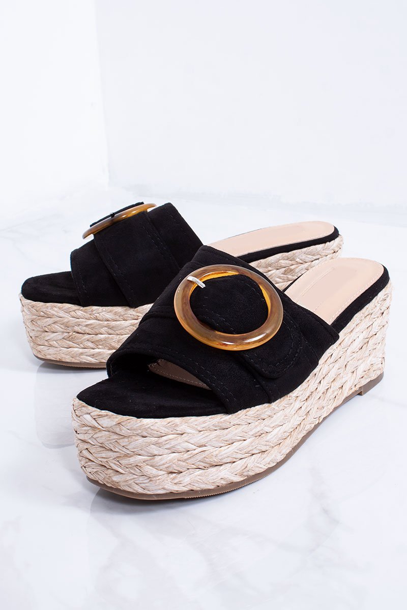 Casey Black Buckle Detail Mule Espadrille Flatform Sandals