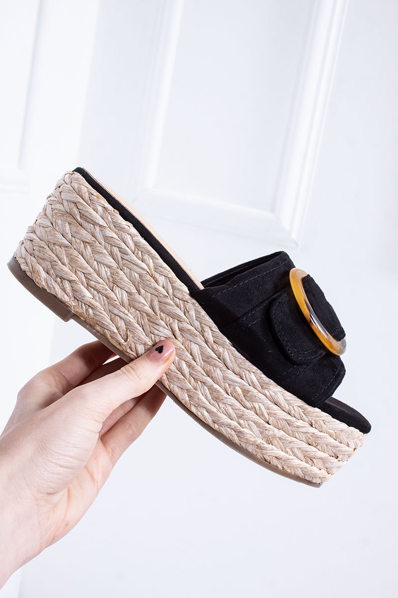 Casey Black Buckle Detail Mule Espadrille Flatform Sandals